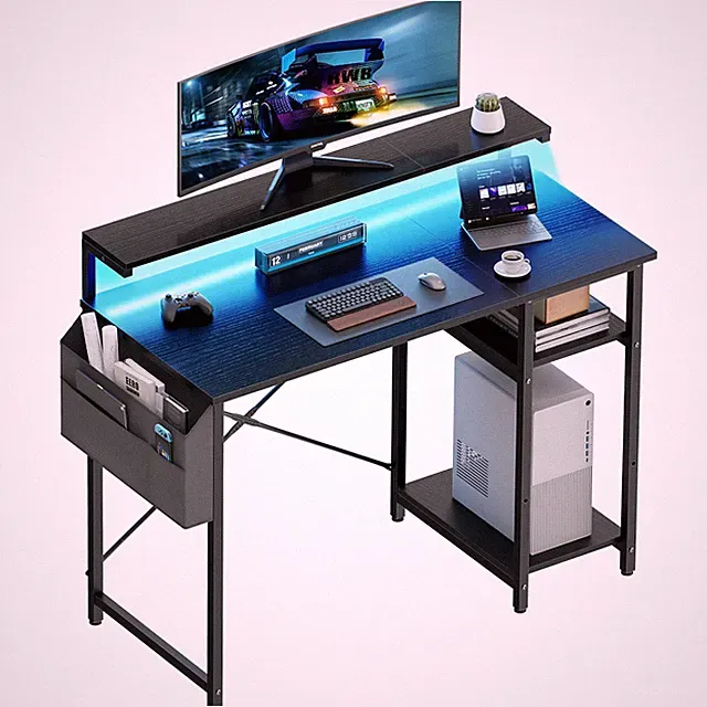 100/120 cm Schreibtisch mit Monitorständer, Computertisch mit LED & Seitentasche