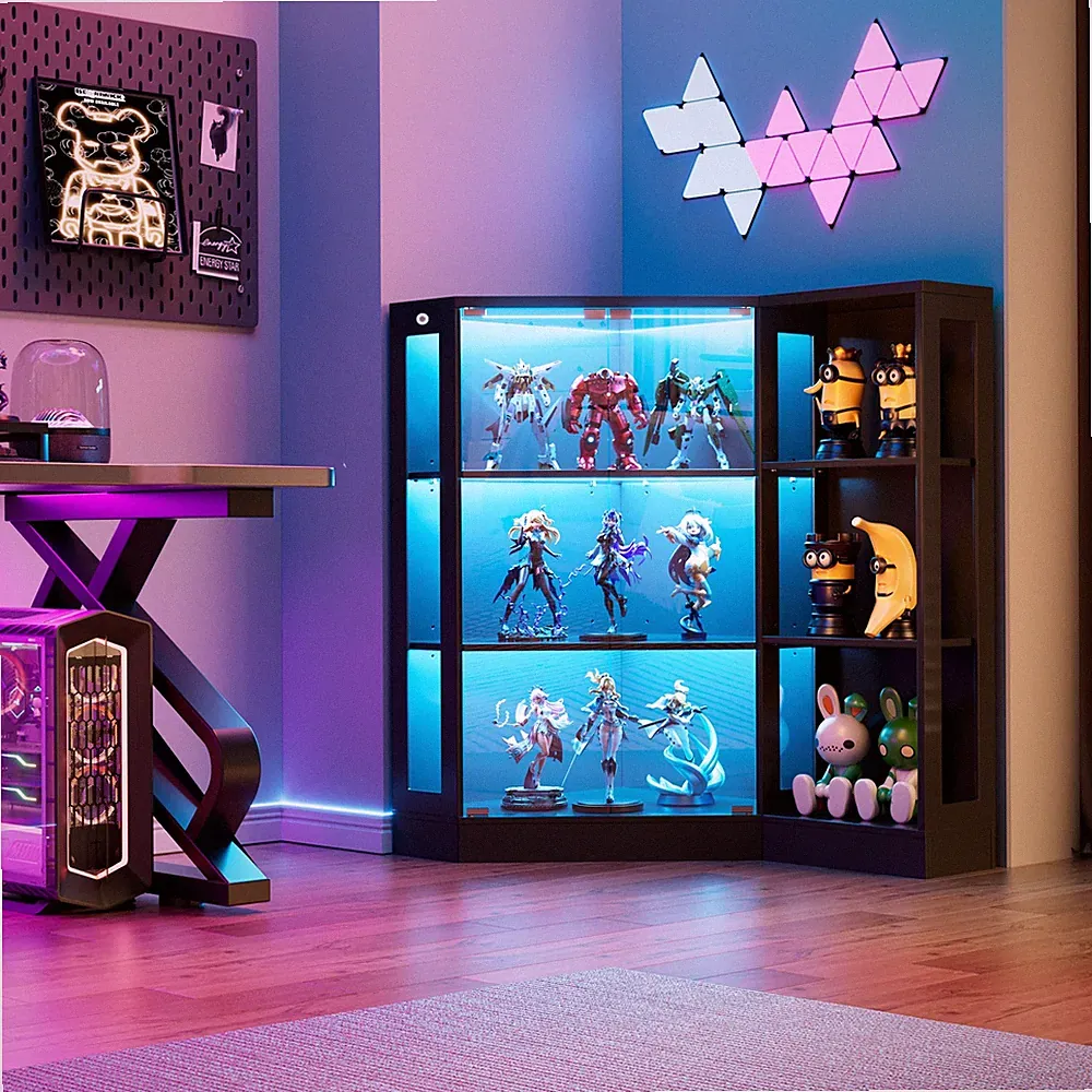 100cm Eck-Glasvitrine mit LED Beleuchtung,Vitrinenschrank Stehend mit 3-farbige