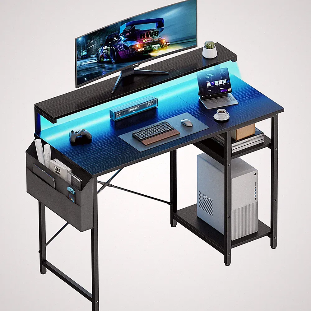 100x48 cm Schreibtisch mit Regal & LED, Computertisch mit Aufbewahrungstasche
