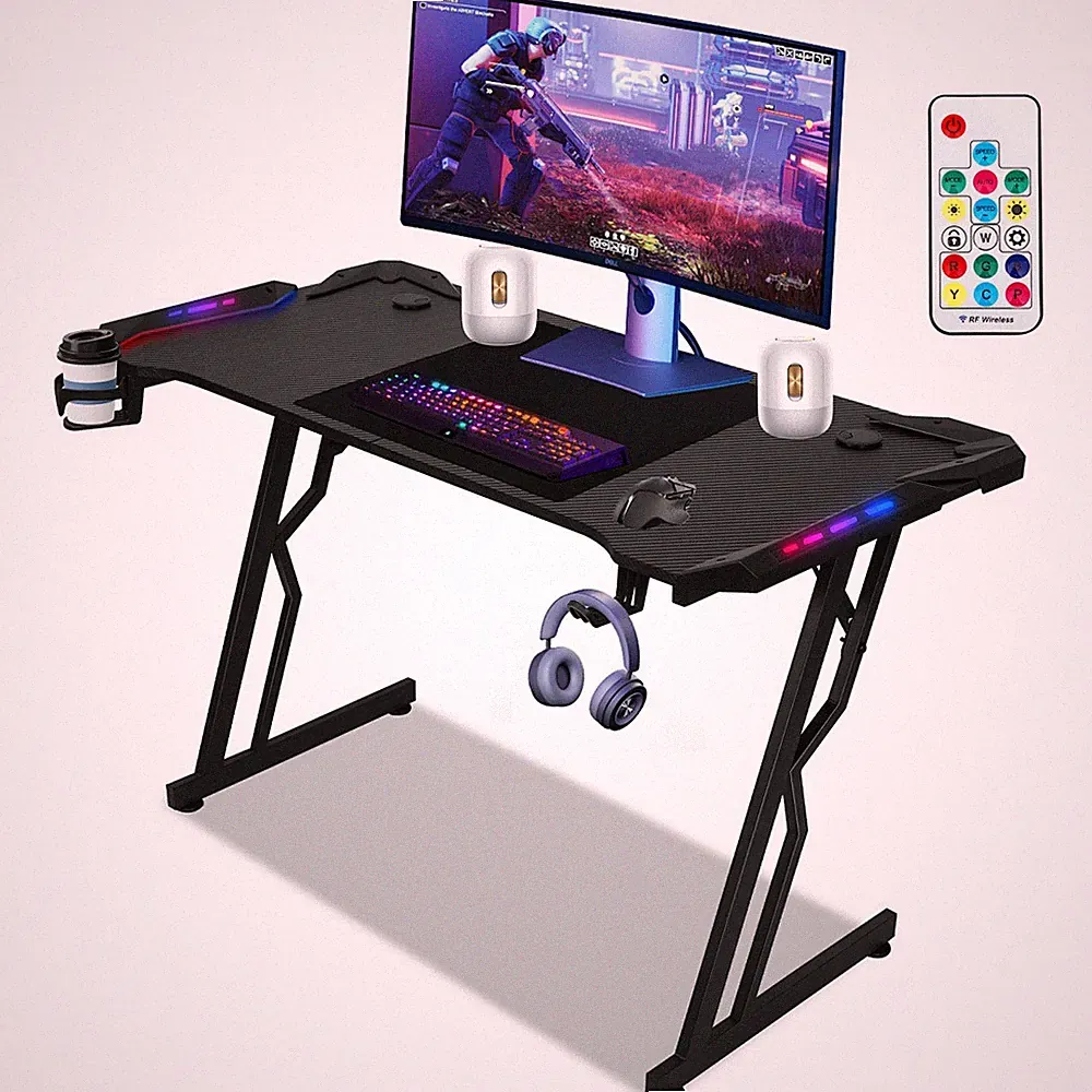 120/140x60cm Gaming Schreibtisch Gamer Tisch Carbon Look mit/ohne LED Halter