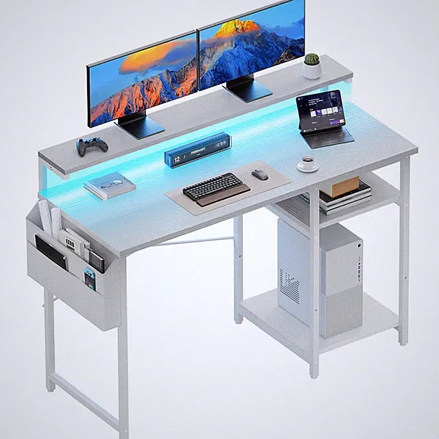 120 cm Schreibtisch mit LED & Regal, Computertisch mit Monitorständer, PC Tisch