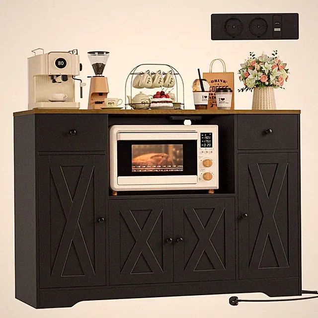 120 cm Sideboard Küche, Küchenschrank mit Steckdose und Mikrowellenregal，Buffet