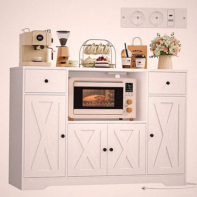 120 cm Sideboard Küche, Küchenschrank mit Steckdose und Mikrowellenregal，Buffet