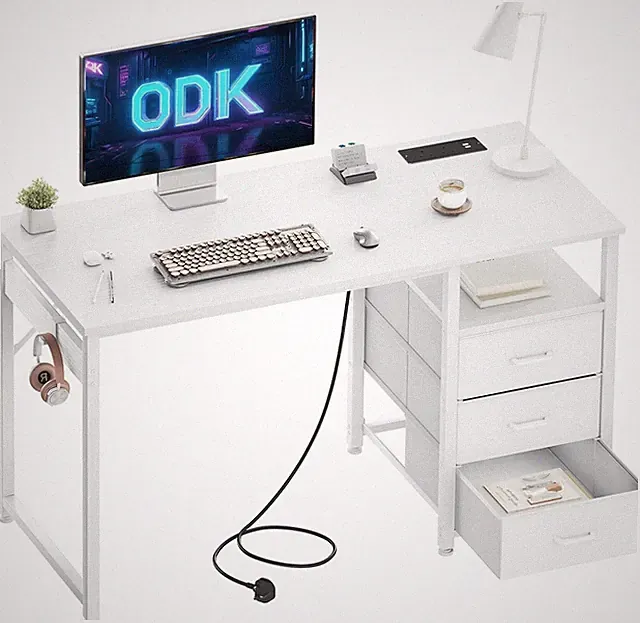 120cm Computertisch mit Schubladen Bürotisch mit 2 Steckdosen & USB-Anschlüssen