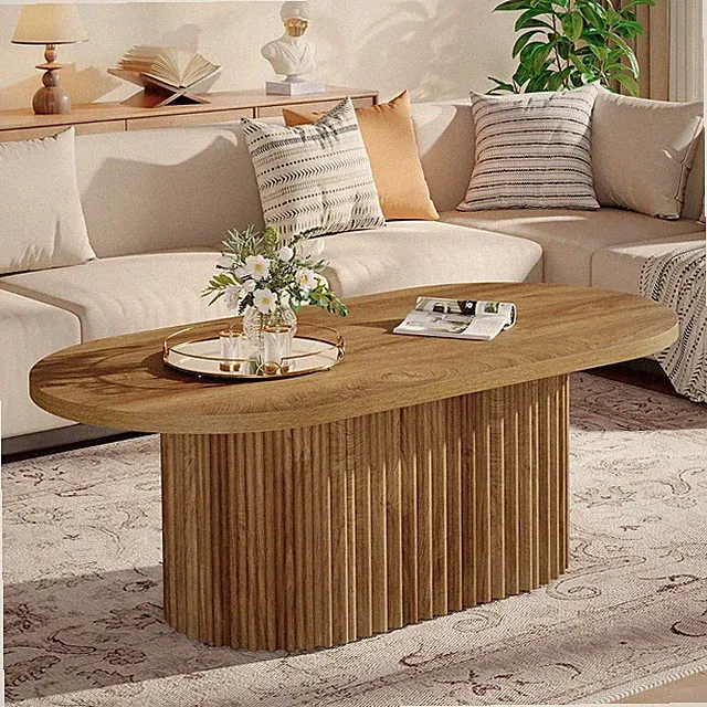 120cm Ovaler Couchtisch Landhaus-Beistelltisch aus Holz mit Geriffeltem Design