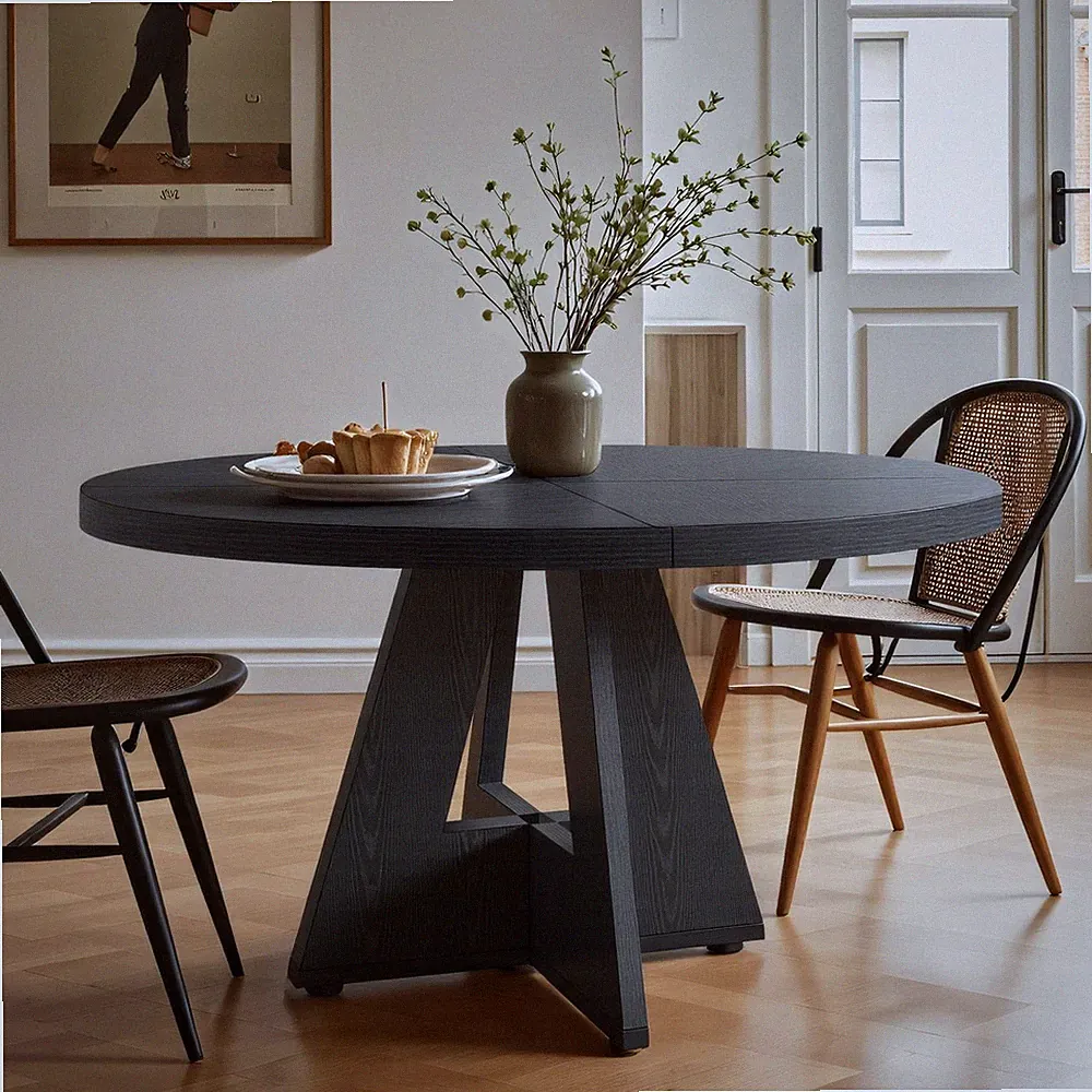 120cm Runder Esstisch aus Holz für 4 Personen, Schwarz Küchentisch für Esszimmer