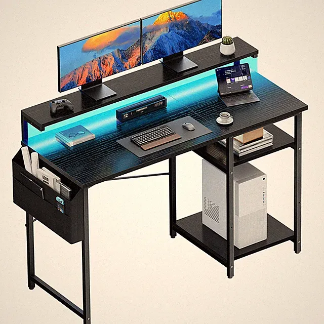 120x48 cm Schreibtisch mit LED, Computertisch mit Seitentasche, Gaming Tisch