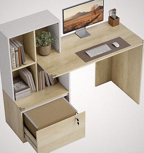 126 cm Computertisch mit Bücherregal abschließbare Schublade Eiche Holzoptik | Home Offic