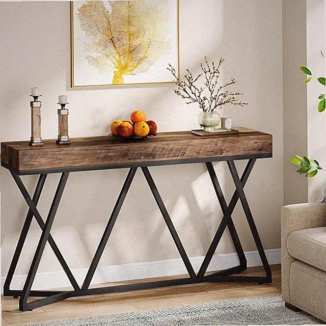 140 cm Konsolentisch, Bauernhaus-Sofatisch, Eingangstisch mit Metallfuß