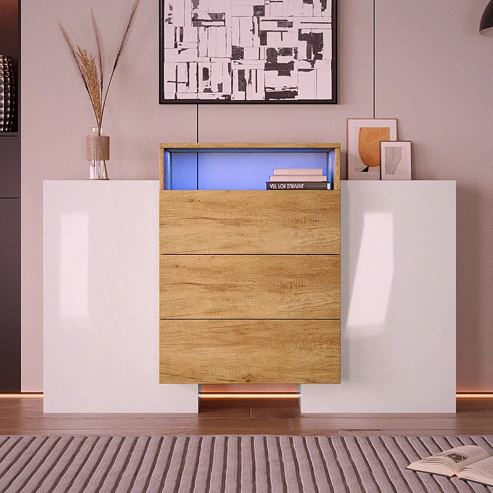 140cm Hochglanz Sideboard Kommode Schrank Highboard Anrichte mit LED Leuchten