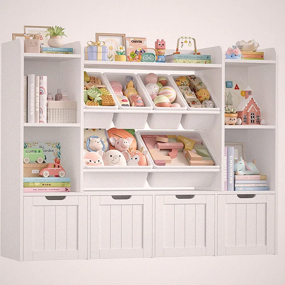 140cm Kinderregal mit 4 Boxen & 6 Kunststoffbox Kinderzimmer Möbel 140x30x106cm