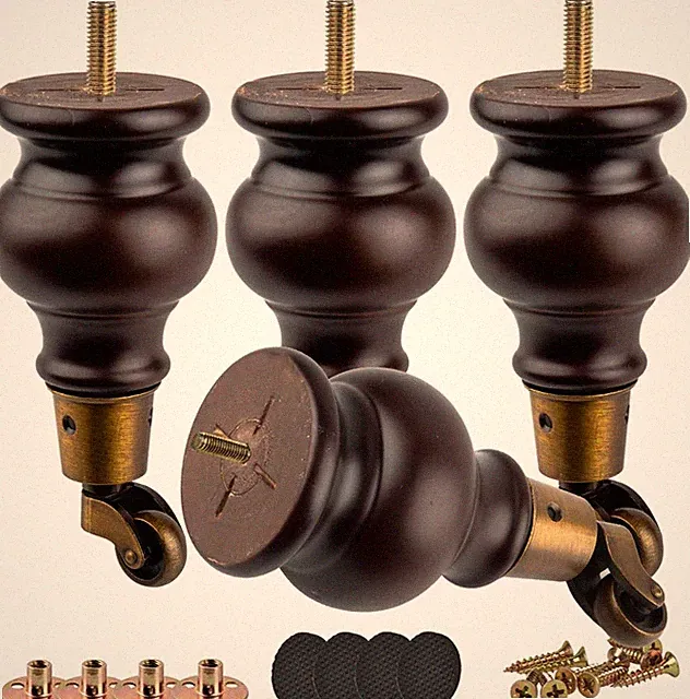 14cm Holz Möbelfüße mit Lenkrollen, 4er Set Massivholz Spindel Tischbeine Mö