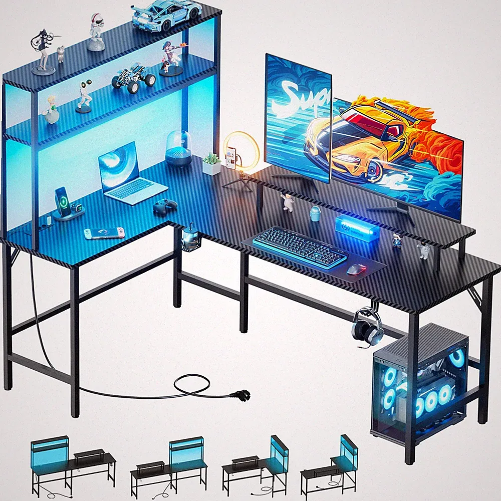 150 cm Gaming Tisch L Form mit LED & Steckdosen, Schreibtisch mit Monitorständer