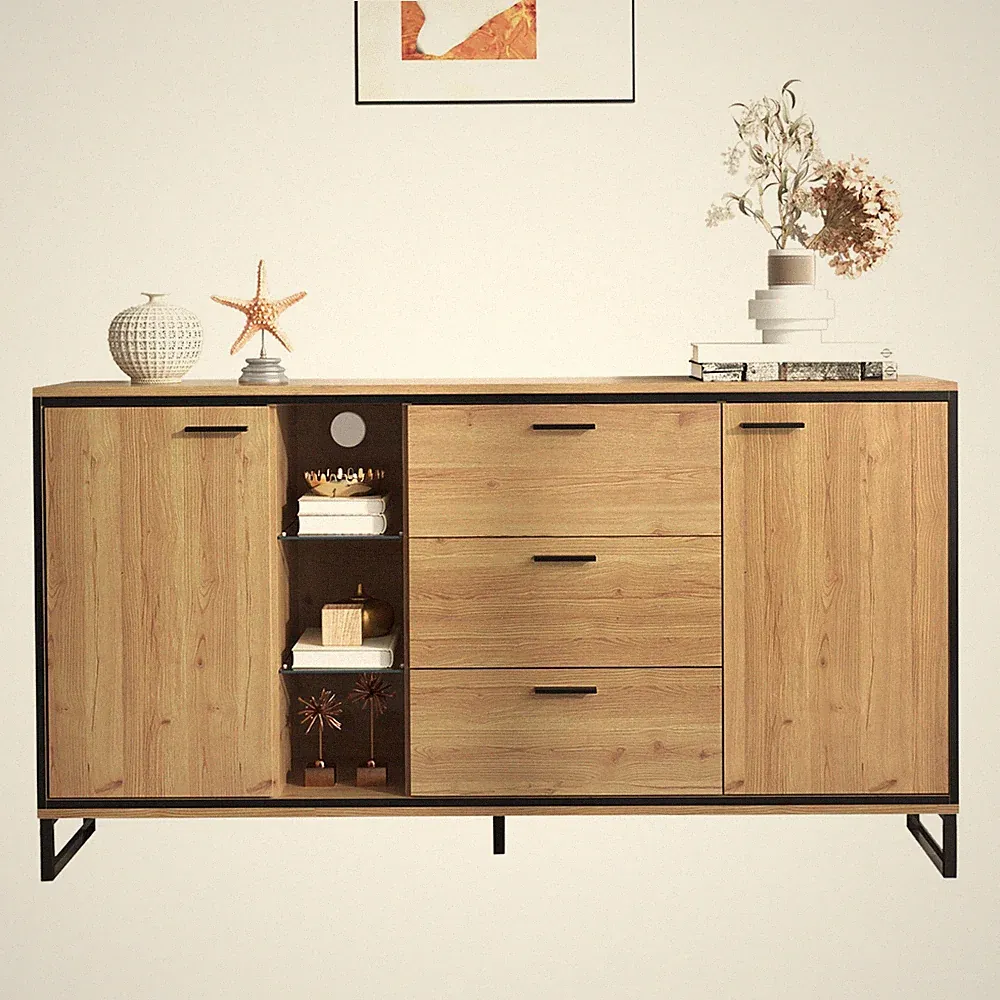 150cm Sideboard mit LED-Leuchten Kommode Anrichte 3 Schubladen Holz Schrank