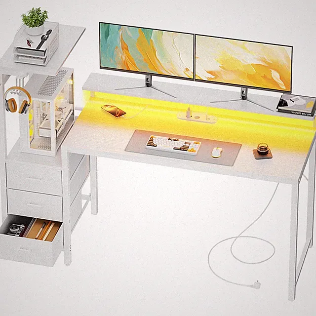 152×50cm Gaming Schreibtisch mit Schubladen, LED-Beleuchtung & Steckdose
