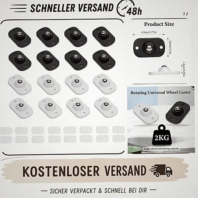 16 Kugelrollen Möbelrollen selbstklebend 360° Weiß Schwarz ABS