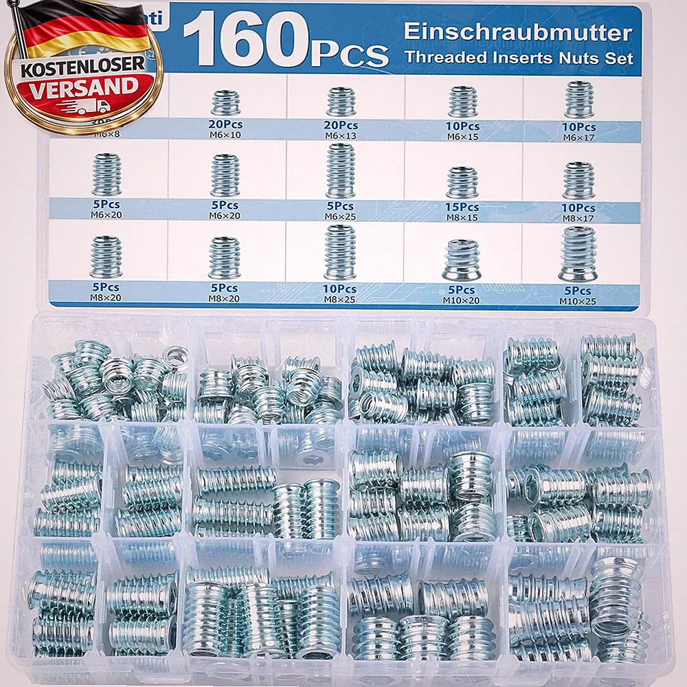 160 Stück Einschraubmuttern M6-M10 für Holzmöbel - Rostbeständig, einfache Monta