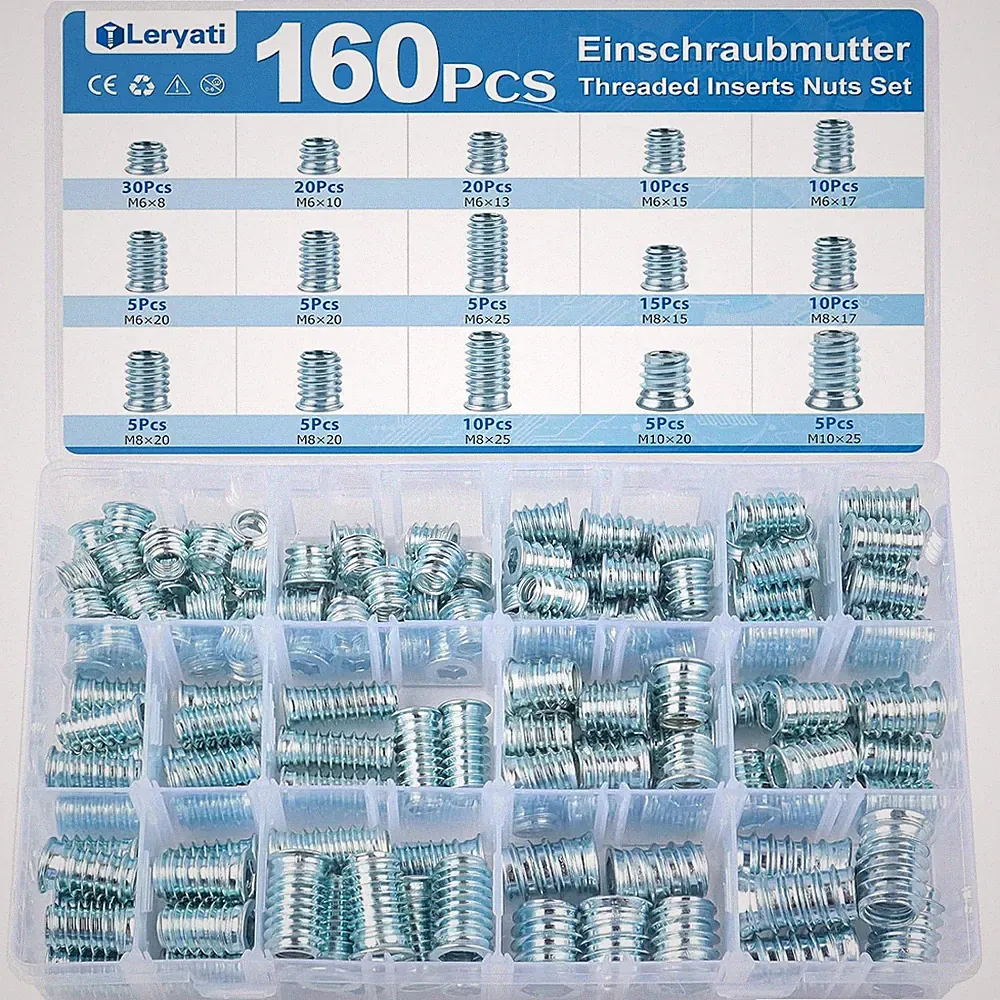 160-tlg. Gewindeeinsätze M6/M8/M10 für Holzmöbel | Legierter Stahl Gewindehülse