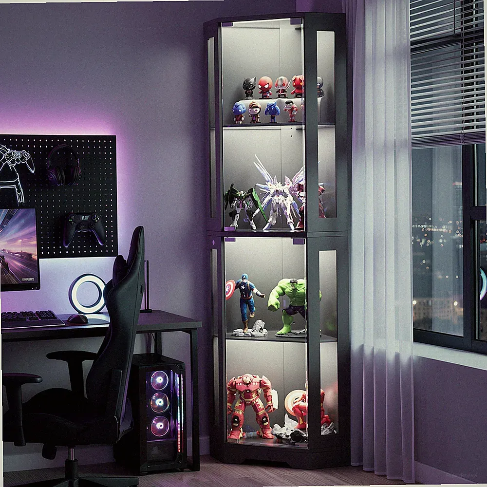 165 cm Glasvitrine mit 3-Farbiger LED-Beleuchtung, Vitrinenschrank, Eckschrank
