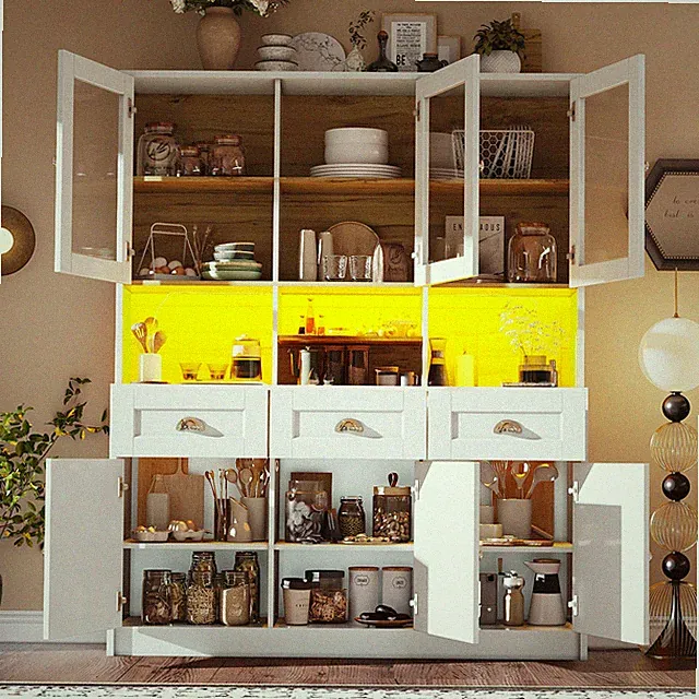 175cm LED Küchenschrank Hochschrank Küchenbuffet Vitrinenschrank Buffetschrank