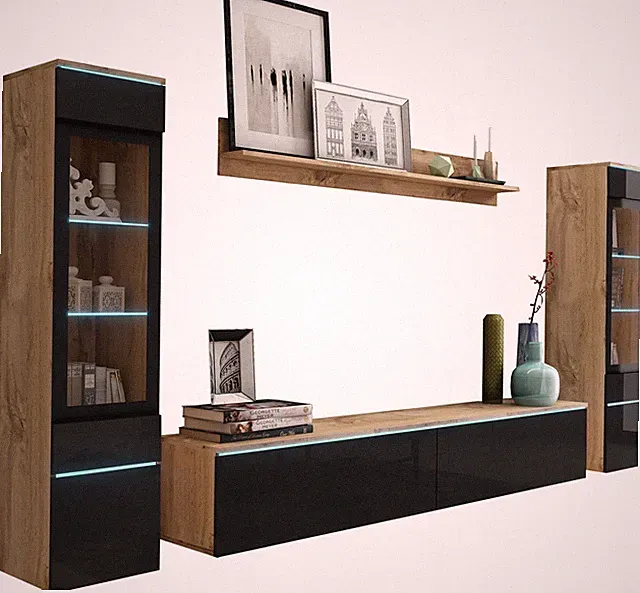 180 cm breite TV-Wand für das Wohnzimmer, 2 Vitrinen und ein Regal