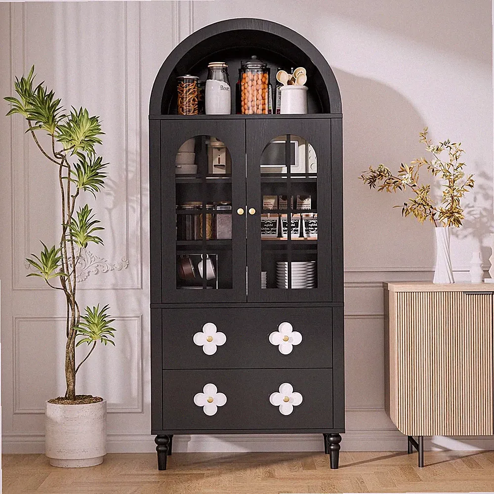 180 cm Gewölbter Vitrine mit Schublade,Schränke mit Glastüren und Regalen