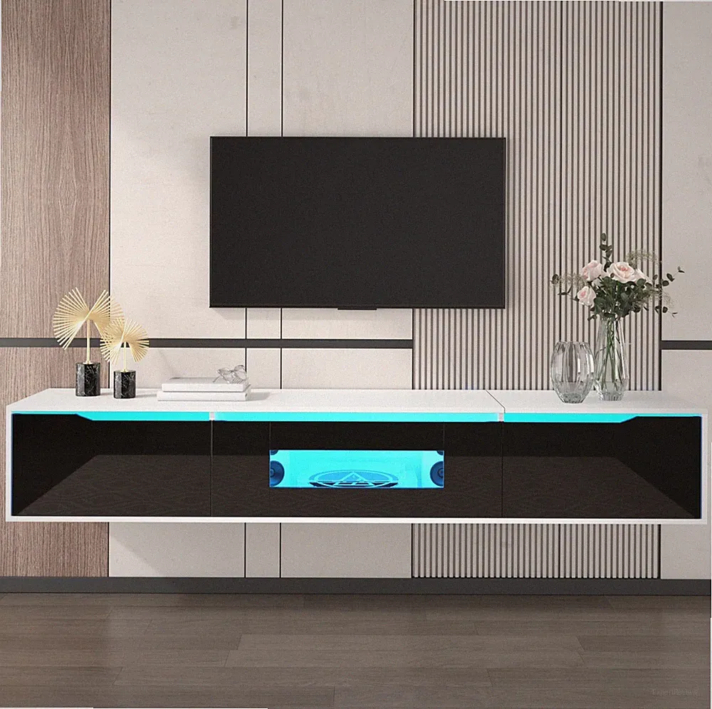 180 cm TV Schrank mit LED-Beleuchtung Hochglanz Hängend/Stehend Lowboard Schwarz