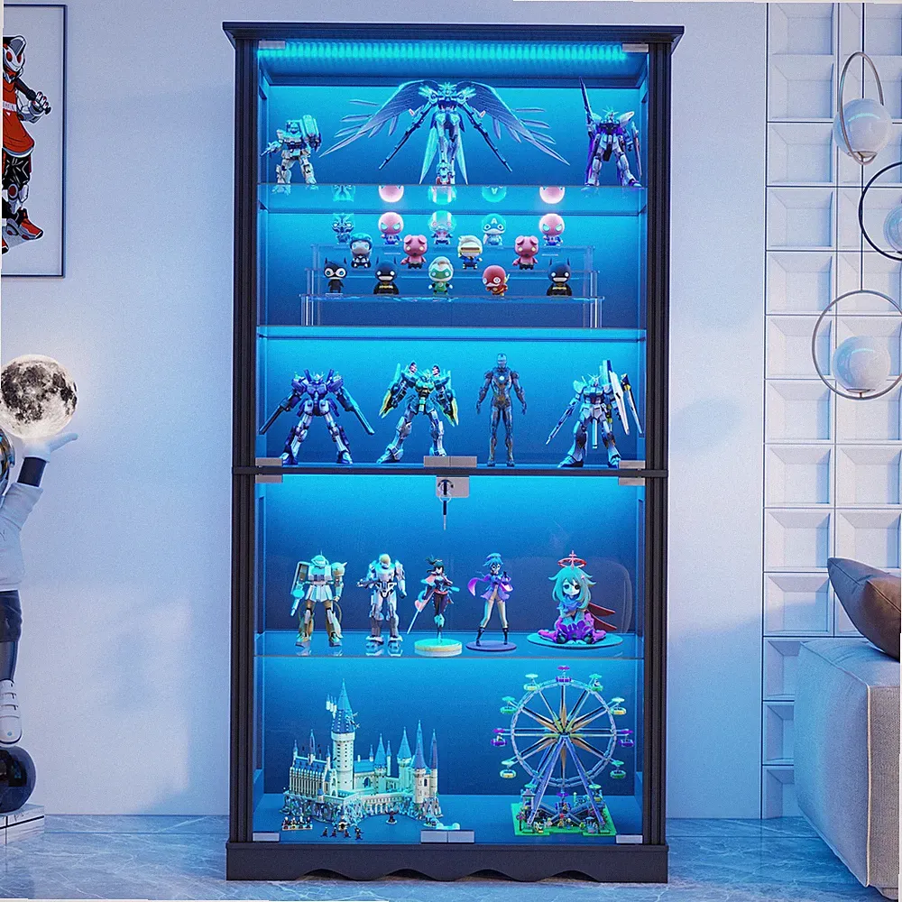 180cm 5-Lagen Glasvitrine mit LED Beleuchtung und Glastüren,Weiß