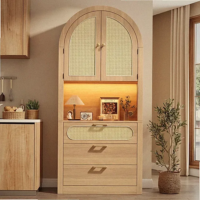 180cm Bogen Hochschrank Vitrinen Aufbewahrungsschrank mit LED Licht Rattantüren