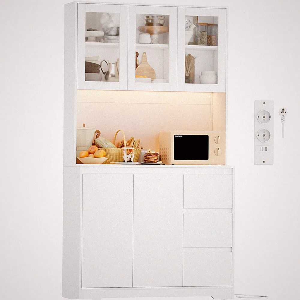 180cm Küchenschrank Sideboard mit Steckdosen und Led Küchenbuffet Hochschrank
