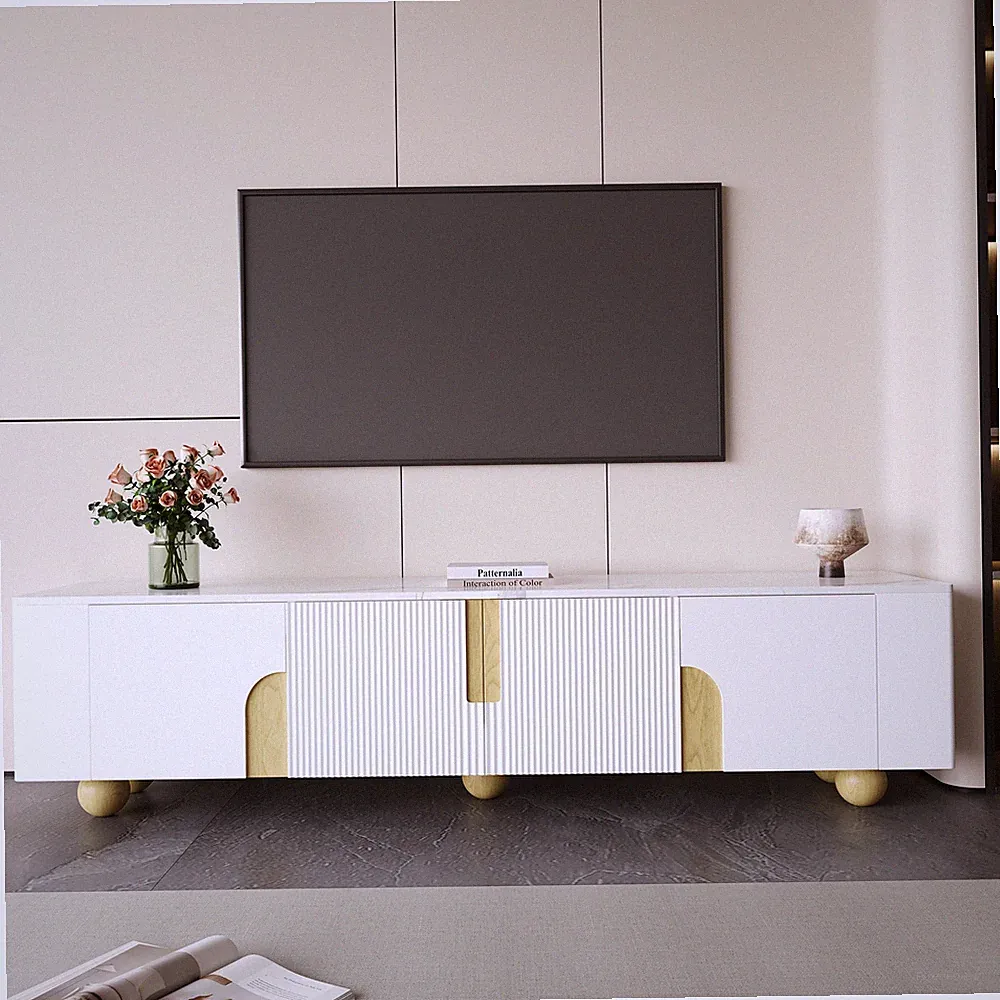 180cm Lowboard TV Schrank Board mit 4 Türen Fernsehschrank Weiß Gold Marmoroptik
