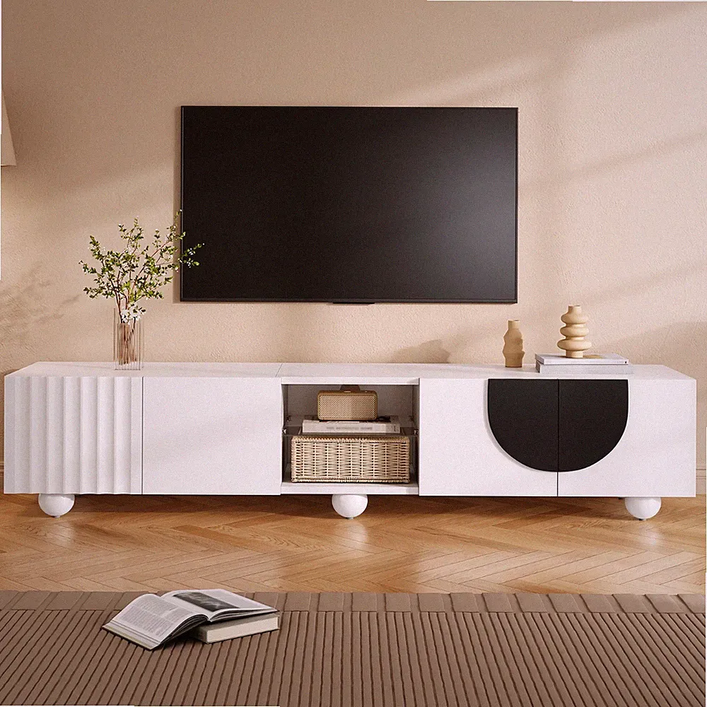 180cm TV-Möbel Ständer Fernsehschrank Schrank mit 4 Türen Glasboden Schwarz+weiß