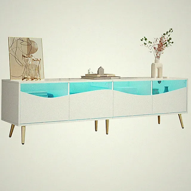 180cm TV Schrank Lowboard Glasfront Board Mit LED-Beleuchtung 4 Schubladen Weiß