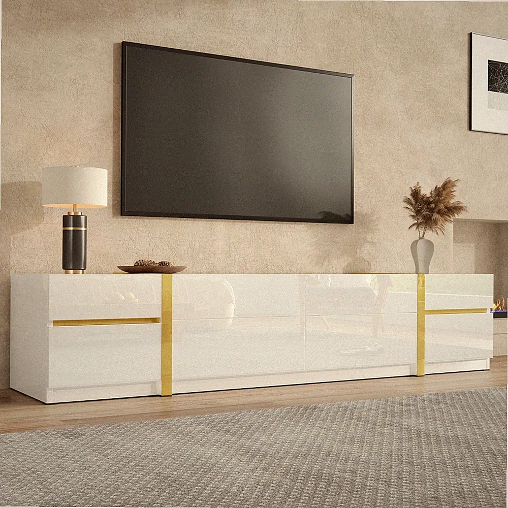180cm TV Schrank Ständer Lowboard Fernsehtisch Weiß +Gold Mit Schubladen & Türen