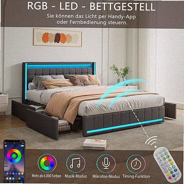 180x200cm Doppelbett Polsterbett Schubladen Stauraumbett Bettgestell mit LED/USB