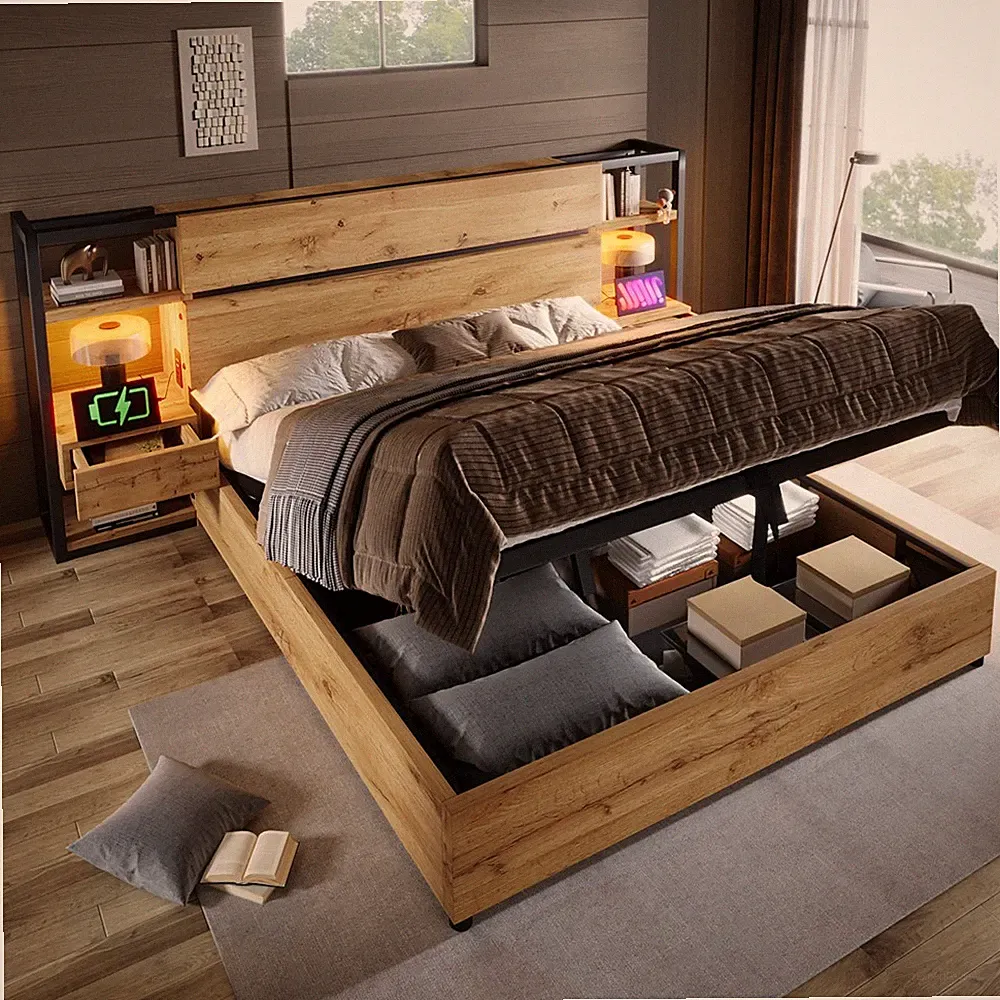 180x200cm Holzbett Doppelbett mit Stauraum Kopfteil, 2 Schubladen, Lattenrost