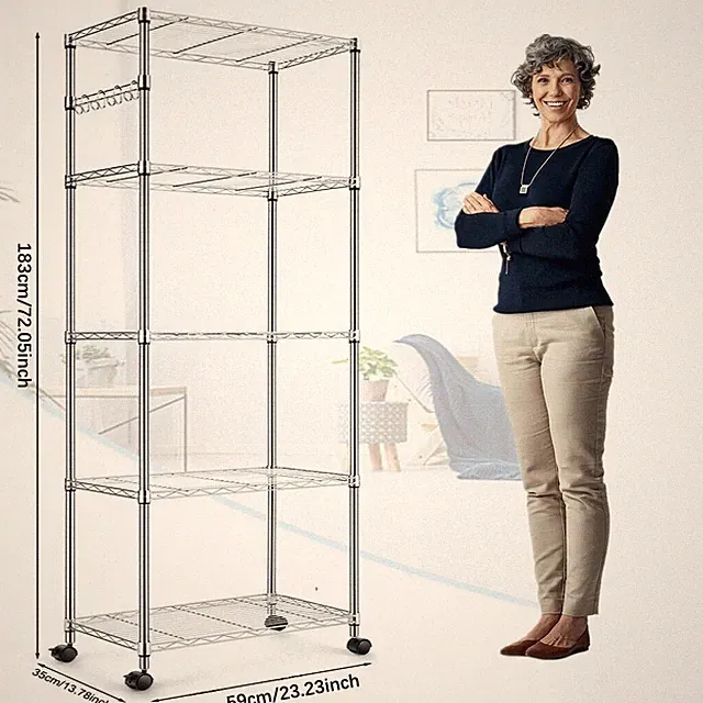183cm Standregal Lagerregal, Regal mit Rollen 5 Regalböden Metall Silber Regal
