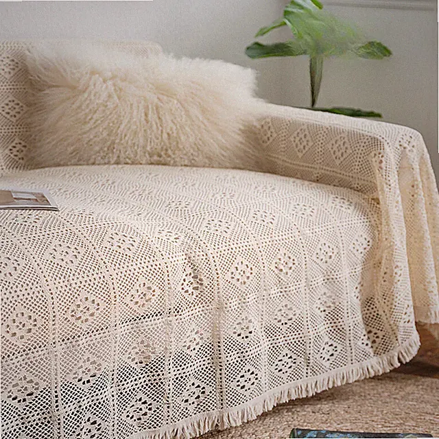 1x Französisches Spitzentuch Sofaüberwurf Polsterbezug Beige Polyester