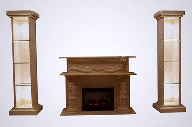 1xElektrokamin 2xStandsäule Satndsäule Sammlervitrine Vitrinen Kamin Steinmöbel