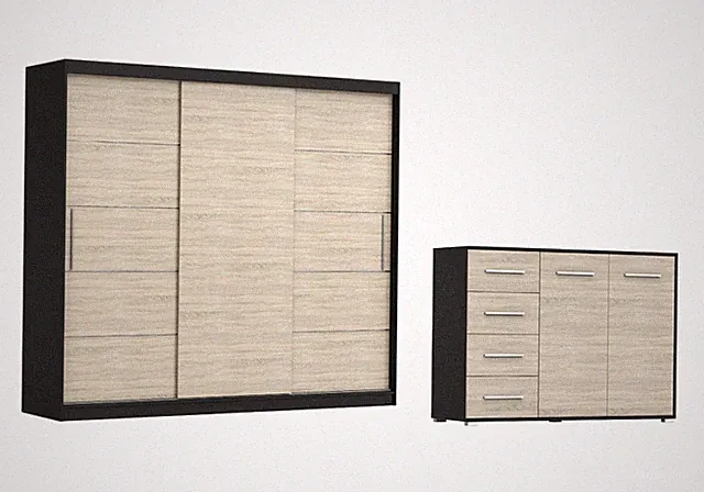 2-er Set Schwebetürenschrank ALBA II MIT KOMMODE FRIDA 01 Schwarz/Sonoma