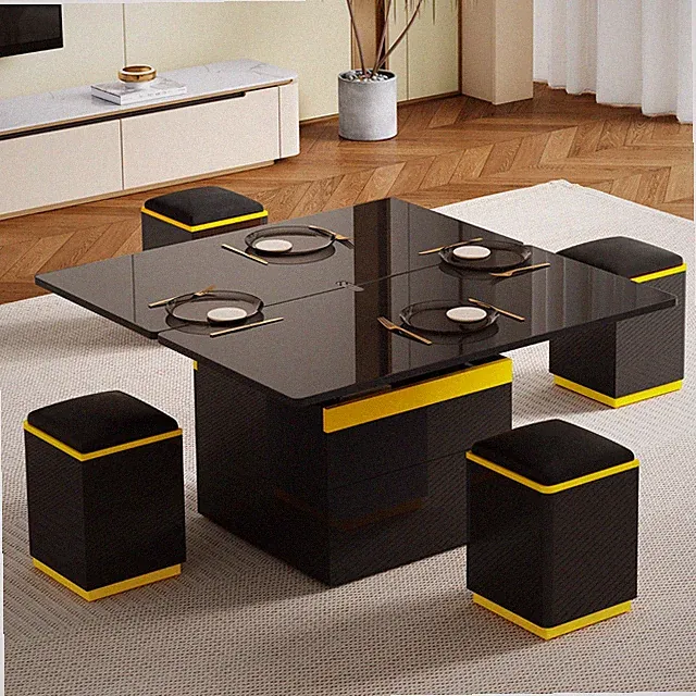 2 in 1 Hochglanz Couchtisch höhenverstellbarer Klappbarer Esstisch mit 4 Hocker
