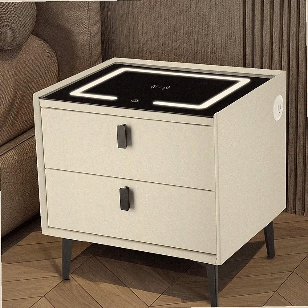 2 Schubladen Smart Nachttisch Schrank Mit LED Drahtloses Aufladen Schlafzimmer