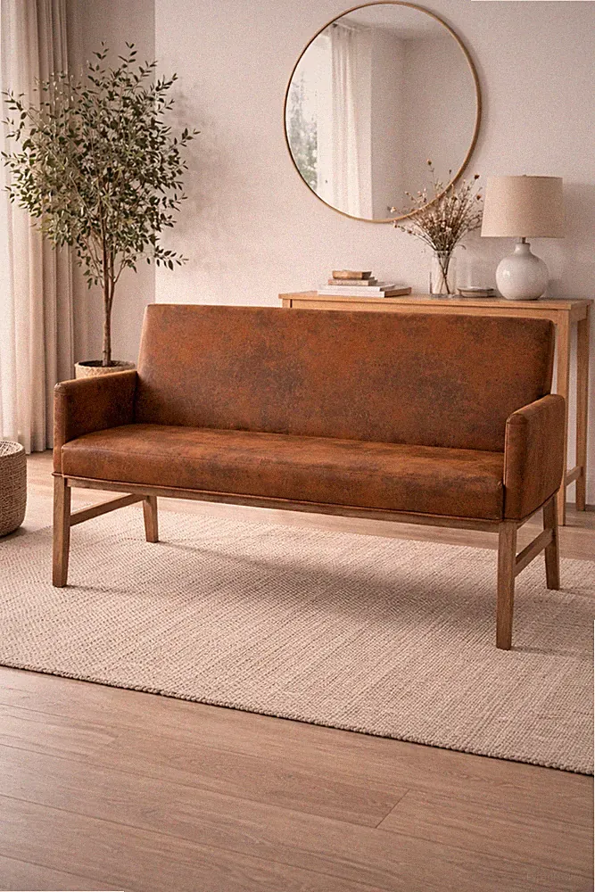 2 Sitzer Bank Wildleder Optik Braun Sitzbank Holzrahmen Polsterbank modern