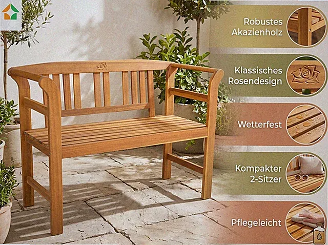 2-Sitzer Gartenbank aus Akazienholz, ca. 115 x 48,5 x 82 cm - Rose