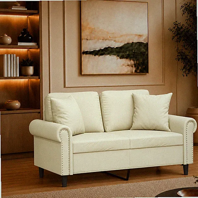 2-Sitzer Sofa Kunstleder Couch Polstersofa Wohnzimmercouch Zierkissen Creme