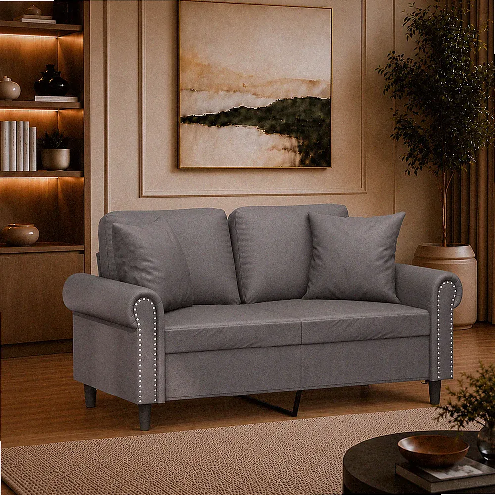 2-Sitzer Sofa Kunstleder Couch Polstersofa Wohnzimmercouch Zierkissen Grau
