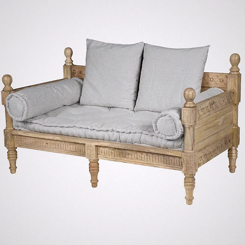 2 Sitzer Sofa POBRI Barock Massivholz & Leinen Couch Antik Loveseat rustikal