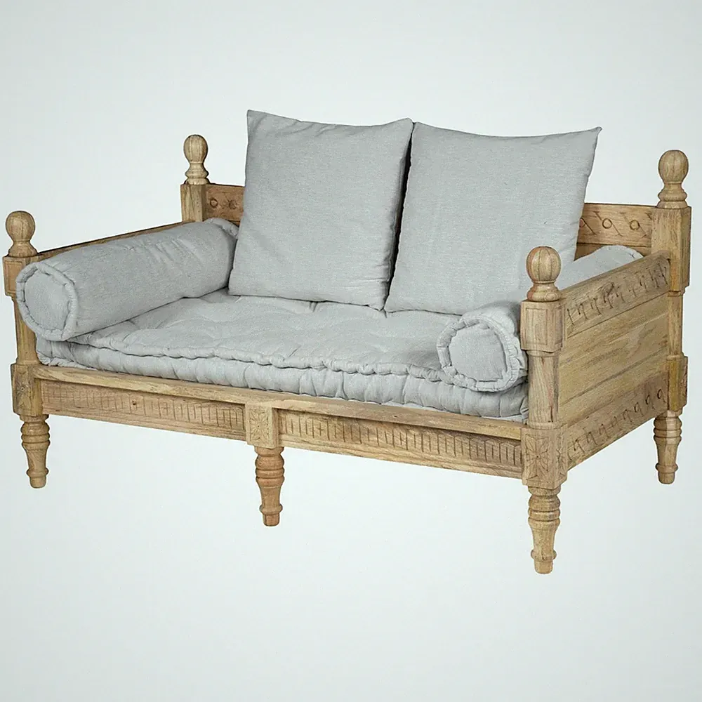 2 Sitzer Sofa POBRI Barock Massivholz & Leinen Couch Antik Loveseat rustikal