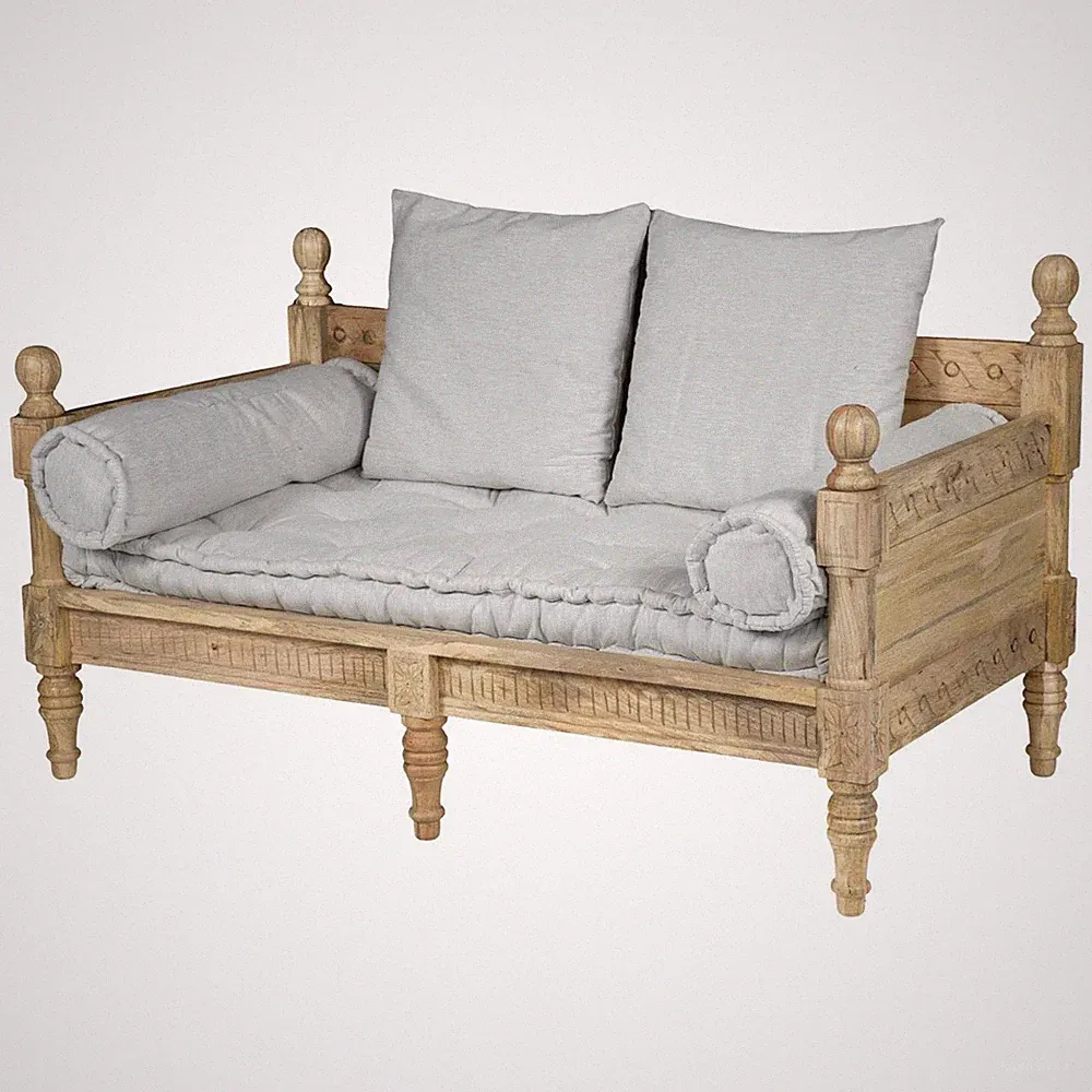 2 Sitzer Sofa POBRI Barock Massivholz & Leinen Couch Antik Loveseat rustikal