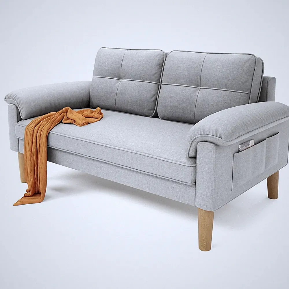 2-Sitzer Stoffsofa mit Armlehne & Seitentasche,Modern Sofa Couch，Grau